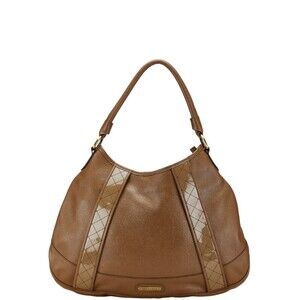 Burberry Nova Check Hobo Shoulder Bag Beige Tan Leather